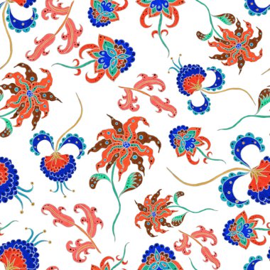 Suluboya desensiz, folky çiçekli ve yapraklı, etnik tarzda. Çiçek süsleme. Geleneksel şal deseni. Tekstil tasarım dokusu. Kabilesel etnik klasik dikişsiz model..