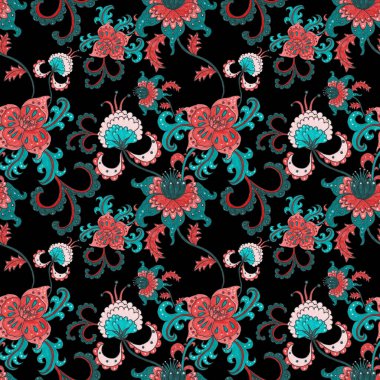 Suluboya desensiz, folky çiçekli ve yapraklı, etnik tarzda. Çiçek süsleme. Geleneksel şal deseni. Tekstil tasarım dokusu. Kabilesel etnik klasik dikişsiz model..