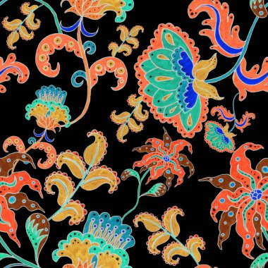 Suluboya desensiz, folky çiçekli ve yapraklı, etnik tarzda. Çiçek süsleme. Geleneksel şal deseni. Tekstil tasarım dokusu. Kabilesel etnik klasik dikişsiz model..