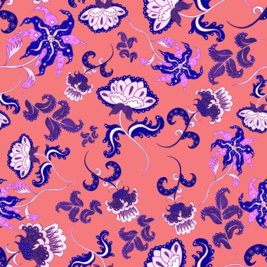 Suluboya desensiz, folky çiçekli ve yapraklı, etnik tarzda. Çiçek süsleme. Geleneksel şal deseni. Tekstil tasarım dokusu. Kabilesel etnik klasik dikişsiz model..