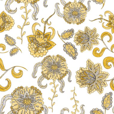 Suluboya desensiz, folky çiçekli ve yapraklı, etnik tarzda. Çiçek süsleme. Geleneksel şal deseni. Tekstil tasarım dokusu. Kabilesel etnik klasik dikişsiz model..