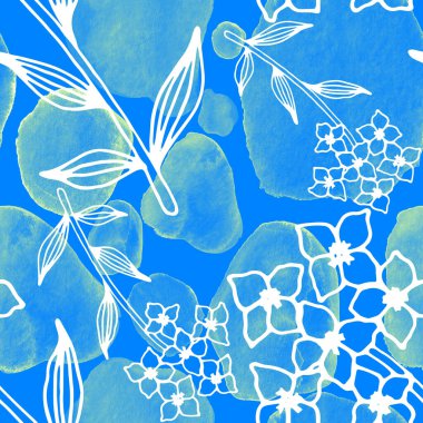 Çizgili sanat çiçekleri ve suluboya lekeleri olan yaratıcı kusursuz desen. Moda soyut modern vintage baskı.