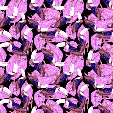 Tukanla dikişsiz suluboya desen. Tropik kuşlu ve yapraklı egzotik botanik orman duvar kağıdı. Parlak yaz şablonu geçmişi.