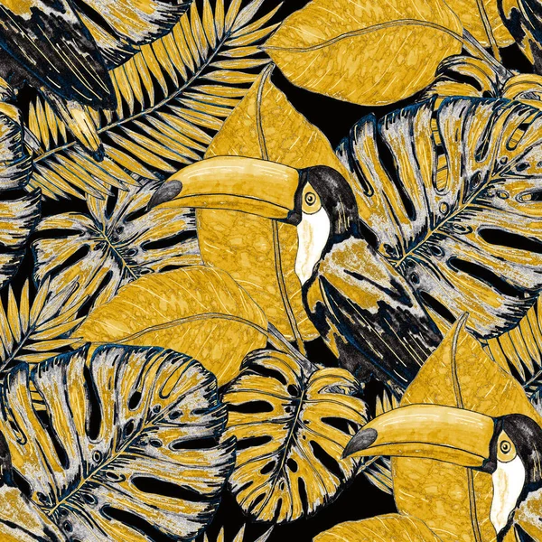 Υδατογραφία Αδιάλειπτη Μοτίβο Τουκάν Εξωτική Βοτανική Ζούγκλα Ταπετσαρία Τροπικό Πουλί — Φωτογραφία Αρχείου