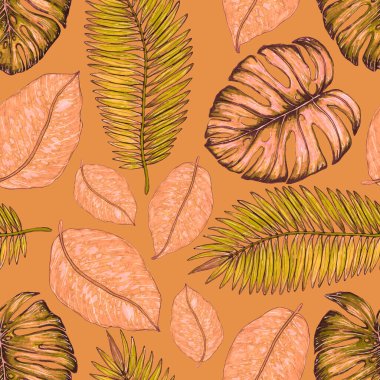 Tropikal yapraklarla suluboya kusursuz desen. Elle çizilmiş egzotik bitkilerle çok güzel bir iz. Mayo botanik tasarımı.