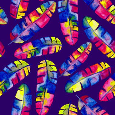 Renkli ve soyut tropikal yapraklı suluboya desenli. Egzotik bitkilerle dolu parlak yaz baskısı. Yaratıcı trend botanik tekstil tasarımı.