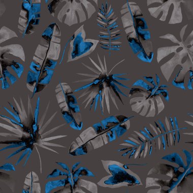 Renkli ve soyut tropikal yapraklı suluboya desenli. Egzotik bitkilerle dolu parlak yaz baskısı. Yaratıcı trend botanik tekstil tasarımı.