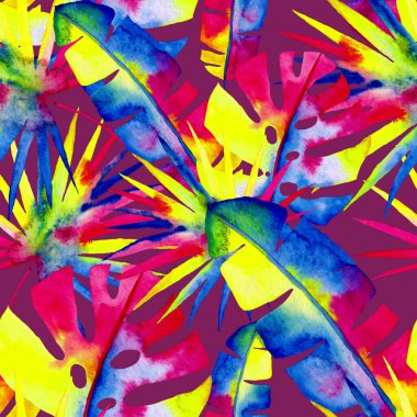 Renkli ve soyut tropikal yapraklı suluboya desenli. Egzotik bitkilerle dolu parlak yaz baskısı. Yaratıcı trend botanik tekstil tasarımı.