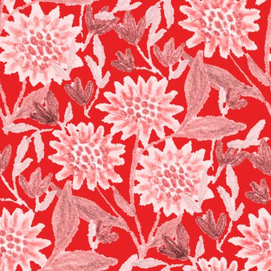 Balmumu pastel boyalarla çizilmiş soyut çiçekleri olan yaratıcı, pürüzsüz desen. Parlak renkli çiçek deseni.