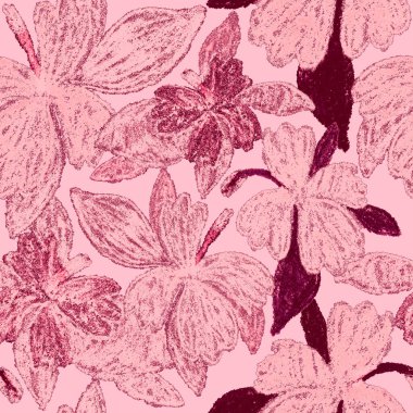 Balmumu pastel boyalarla çizilmiş soyut çiçekleri olan yaratıcı, pürüzsüz desen. Parlak renkli çiçek deseni.