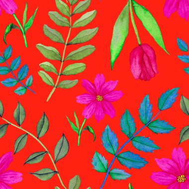 Çiçeklerle suluboya kusursuz desen. Klasik çiçek desenleri. Çiçeksiz desen. Botanik sanatı. Çiçek botanik koleksiyonu. Çiçek seti. Suluboya botanik tasarımı.