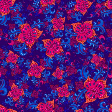 Suluboya desensiz, folky çiçekli ve yapraklı, etnik tarzda. Çiçek süsleme. Geleneksel şal deseni. Tekstil tasarım dokusu. Kabilesel etnik klasik dikişsiz model..