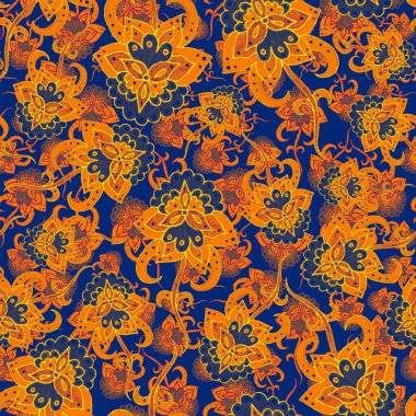 Suluboya desensiz, folky çiçekli ve yapraklı, etnik tarzda. Çiçek süsleme. Geleneksel şal deseni. Tekstil tasarım dokusu. Kabilesel etnik klasik dikişsiz model..