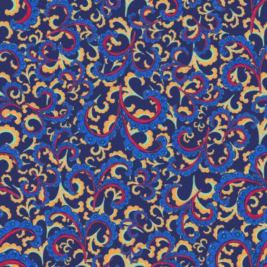 Suluboya desensiz, folky çiçekli ve yapraklı, etnik tarzda. Çiçek süsleme. Geleneksel şal deseni. Tekstil tasarım dokusu. Kabilesel etnik klasik dikişsiz model..