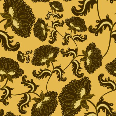 Suluboya desensiz, folky çiçekli ve yapraklı, etnik tarzda. Çiçek süsleme. Geleneksel şal deseni. Tekstil tasarım dokusu. Kabilesel etnik klasik dikişsiz model..