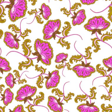 Suluboya desensiz, folky çiçekli ve yapraklı, etnik tarzda. Çiçek süsleme. Geleneksel şal deseni. Tekstil tasarım dokusu. Kabilesel etnik klasik dikişsiz model..