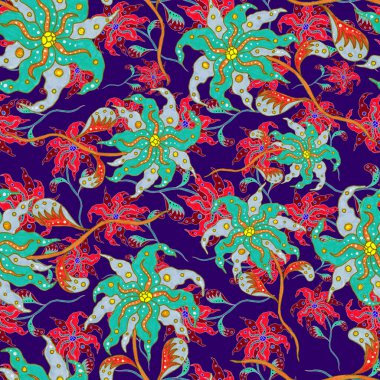 Suluboya desensiz, folky çiçekli ve yapraklı, etnik tarzda. Çiçek süsleme. Geleneksel şal deseni. Tekstil tasarım dokusu. Kabilesel etnik klasik dikişsiz model..