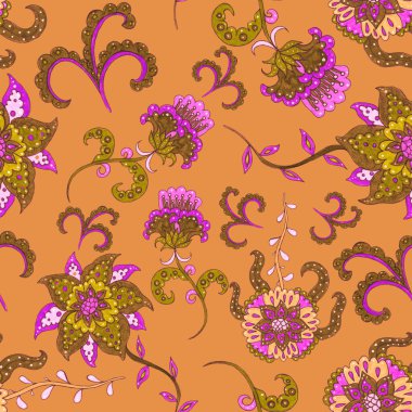 Suluboya desensiz, folky çiçekli ve yapraklı, etnik tarzda. Çiçek süsleme. Geleneksel şal deseni. Tekstil tasarım dokusu. Kabilesel etnik klasik dikişsiz model..