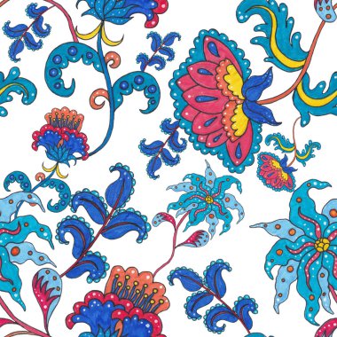 Suluboya desensiz, folky çiçekli ve yapraklı, etnik tarzda. Çiçek süsleme. Geleneksel şal deseni. Tekstil tasarım dokusu. Kabilesel etnik klasik dikişsiz model..