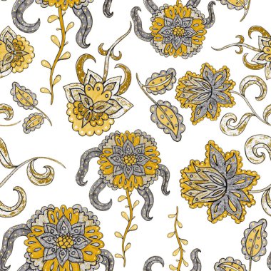 Suluboya desensiz, folky çiçekli ve yapraklı, etnik tarzda. Çiçek süsleme. Geleneksel şal deseni. Tekstil tasarım dokusu. Kabilesel etnik klasik dikişsiz model..