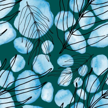 Çizgili sanat çiçekleri ve suluboya lekeleri olan yaratıcı kusursuz desen. Moda soyut modern vintage baskı.