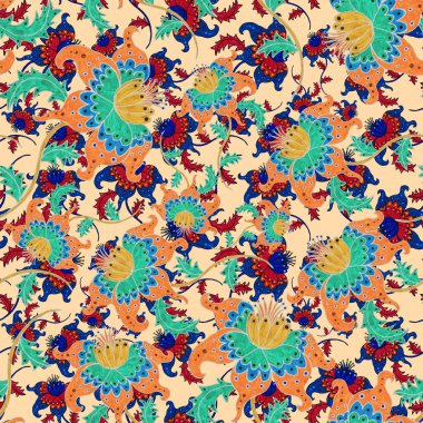 Suluboya desensiz, folky çiçekli ve yapraklı, etnik tarzda. Çiçek süsleme. Geleneksel şal deseni. Tekstil tasarım dokusu. Kabilesel etnik klasik dikişsiz model..