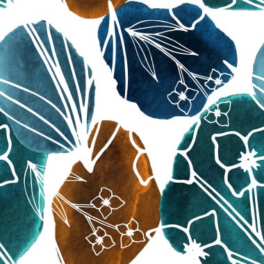 Çizgili sanat çiçekleri ve suluboya lekeleri olan yaratıcı kusursuz desen. Moda soyut modern vintage baskı.