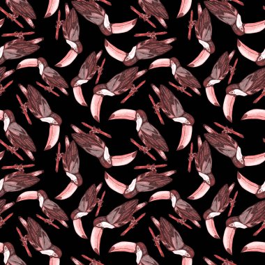 Tukanla dikişsiz suluboya desen. Tropik kuşlu ve yapraklı egzotik botanik orman duvar kağıdı. Parlak yaz şablonu geçmişi.