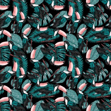 Tukanla dikişsiz suluboya desen. Tropik kuşlu ve yapraklı egzotik botanik orman duvar kağıdı. Parlak yaz şablonu geçmişi.