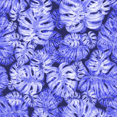 Tropikal yapraklarla suluboya kusursuz desen. Elle çizilmiş egzotik bitkilerle çok güzel bir iz. Mayo botanik tasarımı.