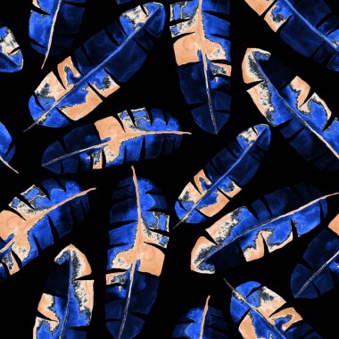 Renkli ve soyut tropikal yapraklı suluboya desenli. Egzotik bitkilerle dolu parlak yaz baskısı. Yaratıcı trend botanik tekstil tasarımı.