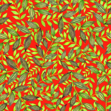 Vintage yapraklı suluboya desenli. Dekoratif tasarım için renkli yaprakları olan güzel bir botanik baskısı. Parlak bahar ya da yaz arkaplanı. Klasik düğün dekoru. Tekstil tasarımı.