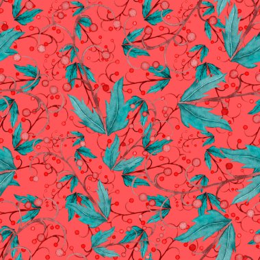 Vintage yapraklı suluboya desenli. Dekoratif tasarım için renkli yaprakları olan güzel bir botanik baskısı. Parlak bahar ya da yaz arkaplanı. Klasik düğün dekoru. Tekstil tasarımı.