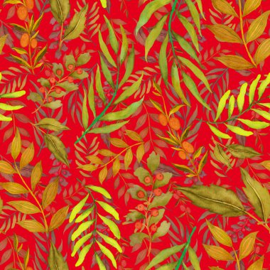 Vintage yapraklı suluboya desenli. Dekoratif tasarım için renkli yaprakları olan güzel bir botanik baskısı. Parlak bahar ya da yaz arkaplanı. Klasik düğün dekoru. Tekstil tasarımı.