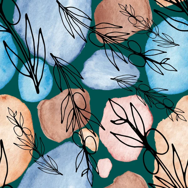 Creatief Naadloos Patroon Met Lijnkunstbloemen Bladeren Aquarelvlekken Trendy Abstracte Moderne — Stockfoto