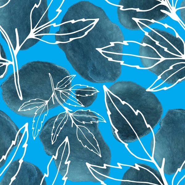 Çizgili sanat çiçekleri ve suluboya lekeleri olan yaratıcı kusursuz desen. Moda soyut modern vintage baskı.