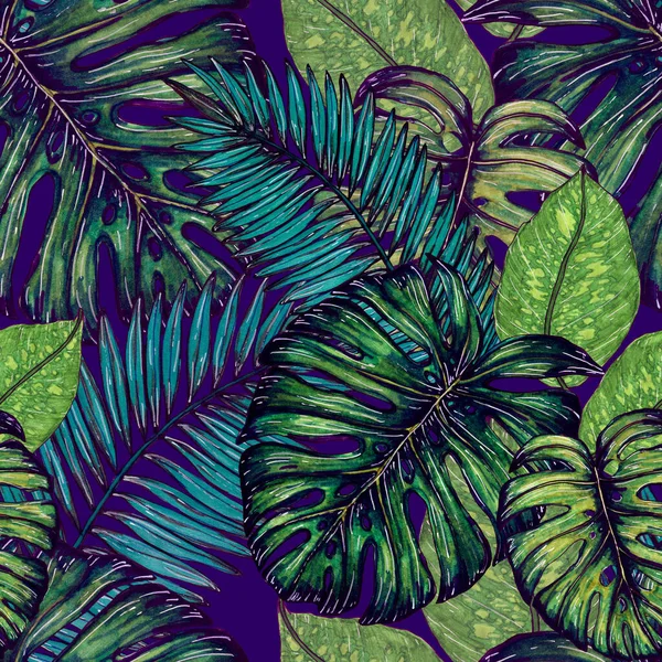 熱帯の葉と水彩シームレスパターン 手描きのエキゾチックな植物と美しいアロバープリント 水着植物デザイン — ストック写真