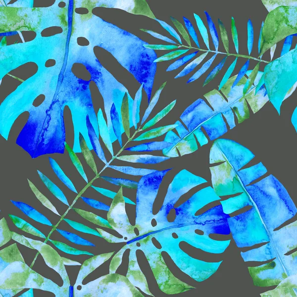 Akvarell Zökkenőmentes Minta Színes Elvont Trópusi Levelek Fényes Nyári Nyomtatás — Stock Fotó