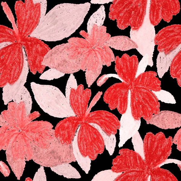 Balmumu pastel boyalarla çizilmiş soyut çiçekleri olan yaratıcı, pürüzsüz desen. Parlak renkli çiçek deseni.