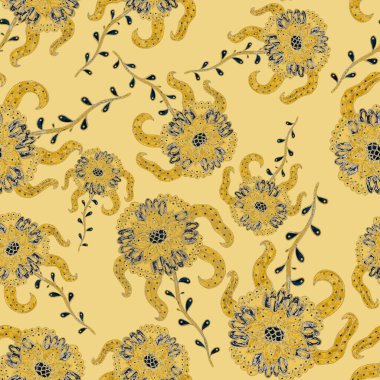 Suluboya desensiz, folky çiçekli ve yapraklı, etnik tarzda. Çiçek süsleme. Geleneksel şal deseni. Tekstil tasarım dokusu. Kabilesel etnik klasik dikişsiz model..