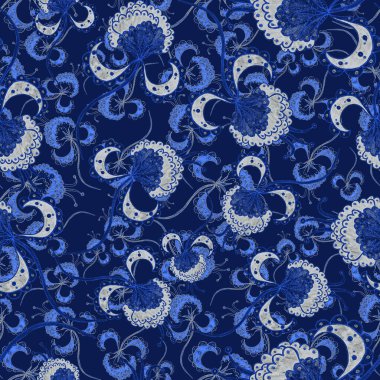 Suluboya desensiz, folky çiçekli ve yapraklı, etnik tarzda. Çiçek süsleme. Geleneksel şal deseni. Tekstil tasarım dokusu. Kabilesel etnik klasik dikişsiz model..