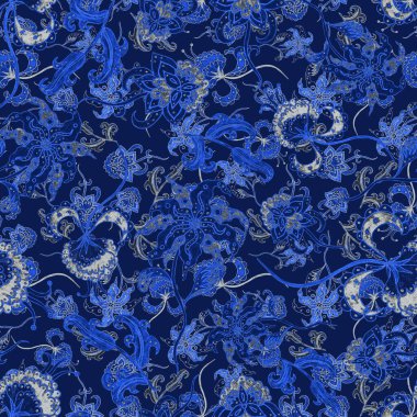 Suluboya desensiz, folky çiçekli ve yapraklı, etnik tarzda. Çiçek süsleme. Geleneksel şal deseni. Tekstil tasarım dokusu. Kabilesel etnik klasik dikişsiz model..