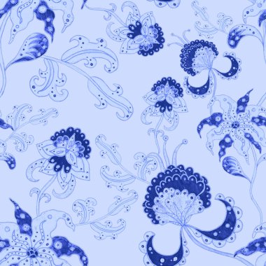 Suluboya desensiz, folky çiçekli ve yapraklı, etnik tarzda. Çiçek süsleme. Geleneksel şal deseni. Tekstil tasarım dokusu. Kabilesel etnik klasik dikişsiz model..