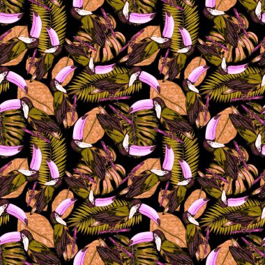 Tukanla dikişsiz suluboya desen. Tropik kuşlu ve yapraklı egzotik botanik orman duvar kağıdı. Parlak yaz şablonu geçmişi.