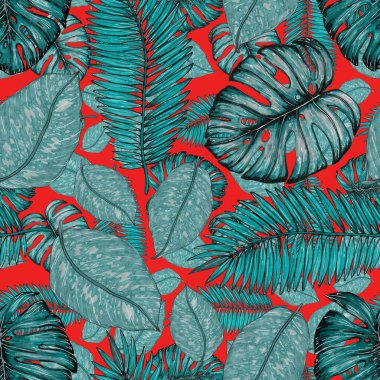 Tropikal yapraklarla suluboya kusursuz desen. Elle çizilmiş egzotik bitkilerle çok güzel bir iz. Mayo botanik tasarımı.