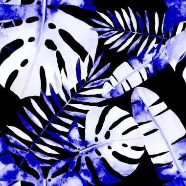 Renkli ve soyut tropikal yapraklı suluboya desenli. Egzotik bitkilerle dolu parlak yaz baskısı. Yaratıcı trend botanik tekstil tasarımı.