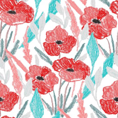 Balmumu pastel boyalarla çizilmiş soyut çiçekleri olan yaratıcı, pürüzsüz desen. Parlak renkli çiçek deseni.