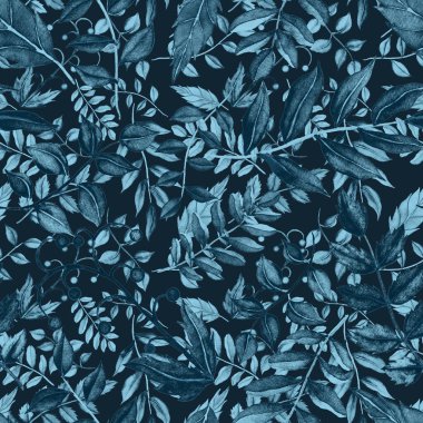 Vintage yapraklı suluboya desenli. Dekoratif tasarım için renkli yaprakları olan güzel bir botanik baskısı. Parlak bahar ya da yaz arkaplanı. Klasik düğün dekoru. Tekstil tasarımı.