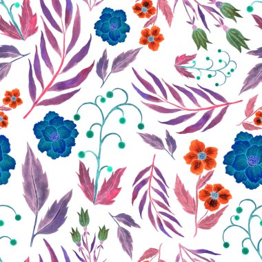 Çiçeklerle suluboya kusursuz desen. Klasik çiçek desenleri. Çiçeksiz desen. Botanik sanatı. Çiçek botanik koleksiyonu. Çiçek seti. Suluboya botanik tasarımı.