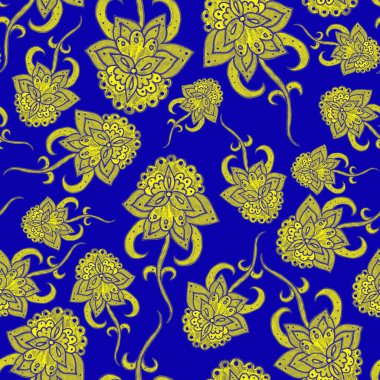 Suluboya desensiz, folky çiçekli ve yapraklı, etnik tarzda. Çiçek süsleme. Geleneksel şal deseni. Tekstil tasarım dokusu. Kabilesel etnik klasik dikişsiz model..